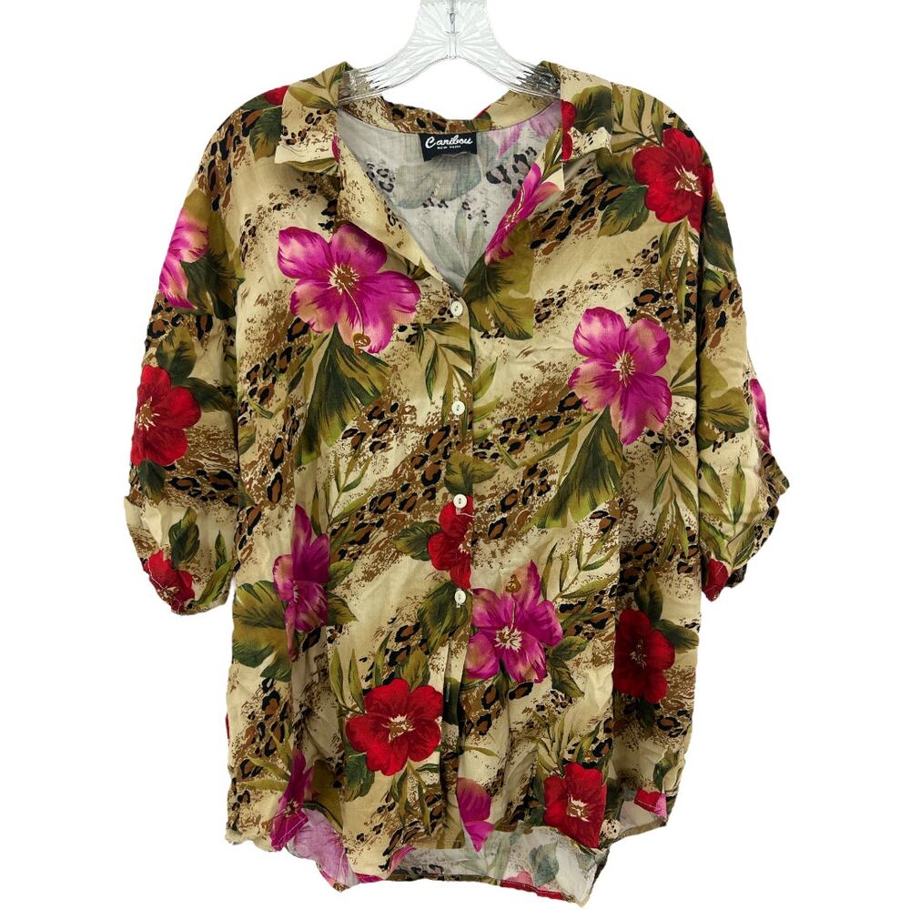 Vintage 80s Caribou Pink Floral Aloha Blouse 2X Hibiscus Cheetah Print Collar